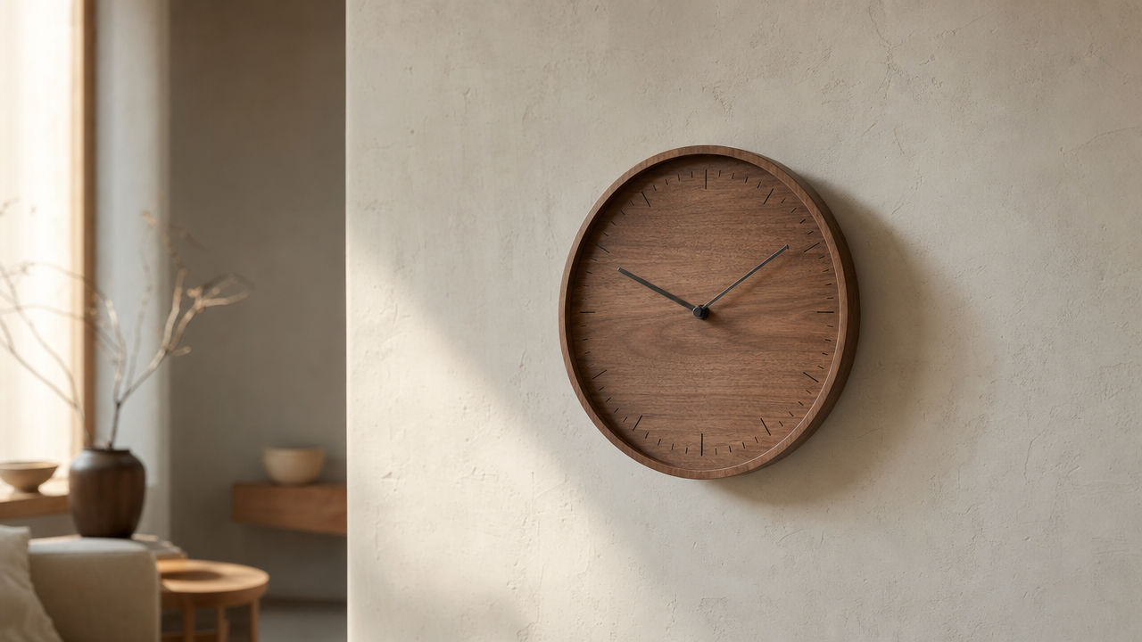 A round wooden wall clock hanging on a plaster wall
