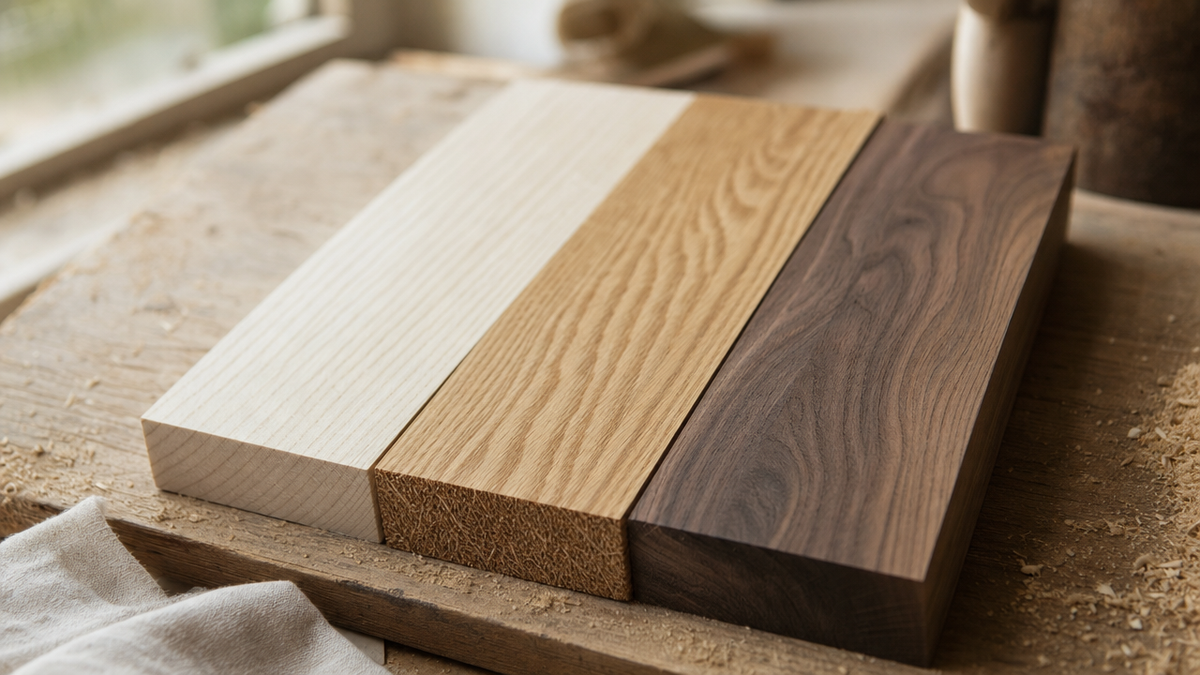 Ash, oak and walnut planks lying side by side on a workshop bench