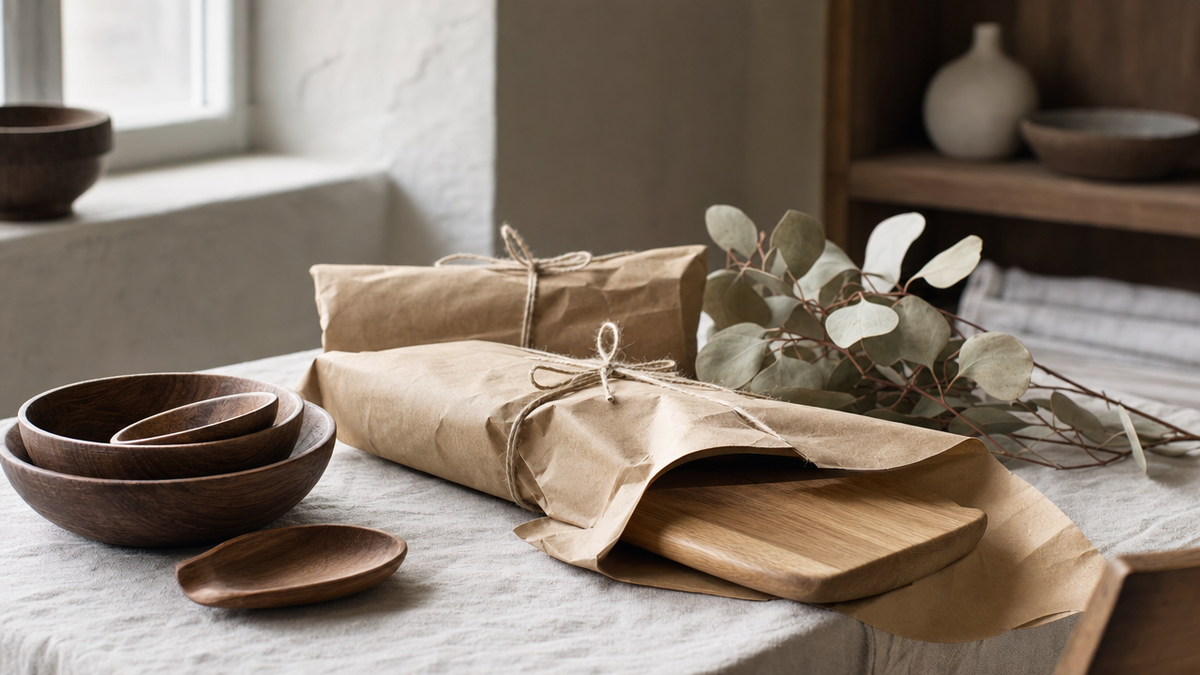 Wooden kitchenware wrapped in brown paper and twine on a linen tablecloth