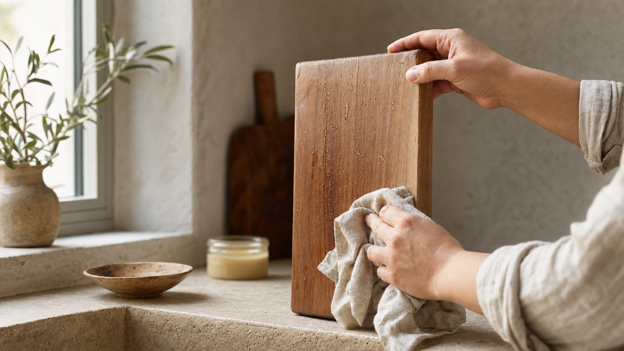 Hands wiping a wooden chopping board dry with a linen cloth