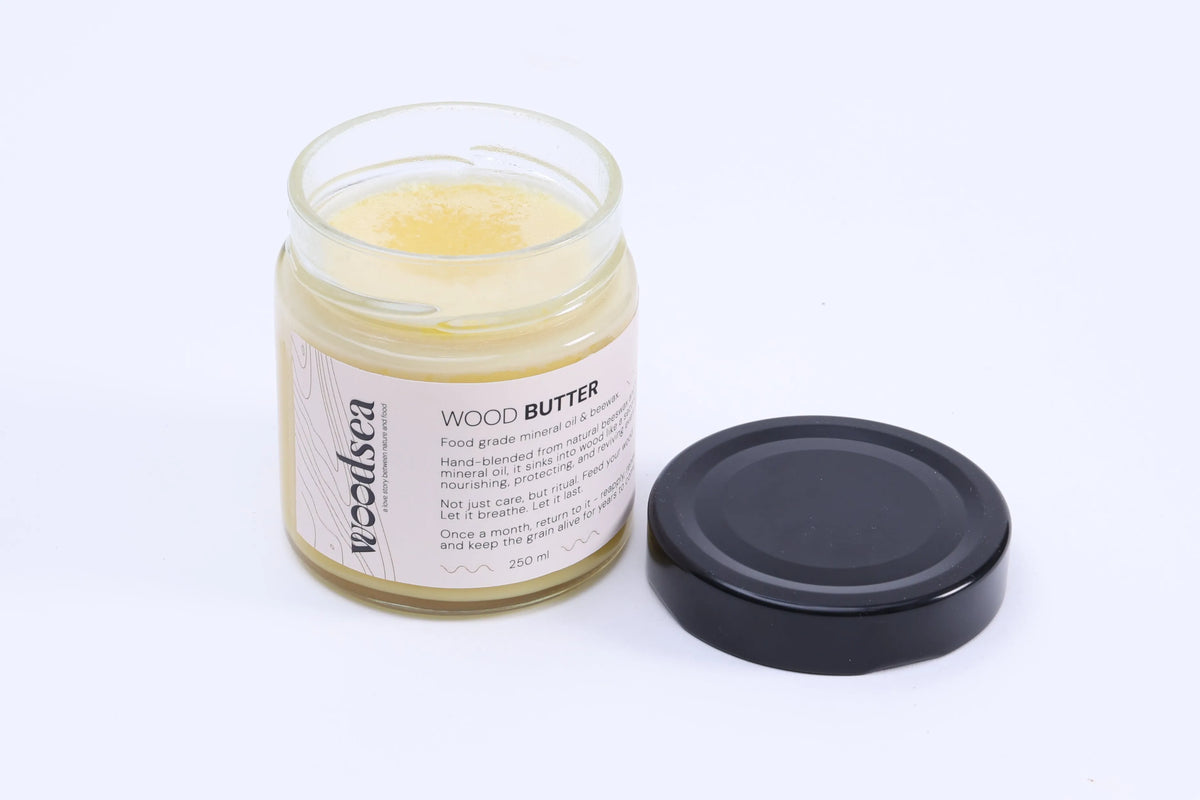 Close-up of Wood Butter's creamy beeswax and mineral oil texture
