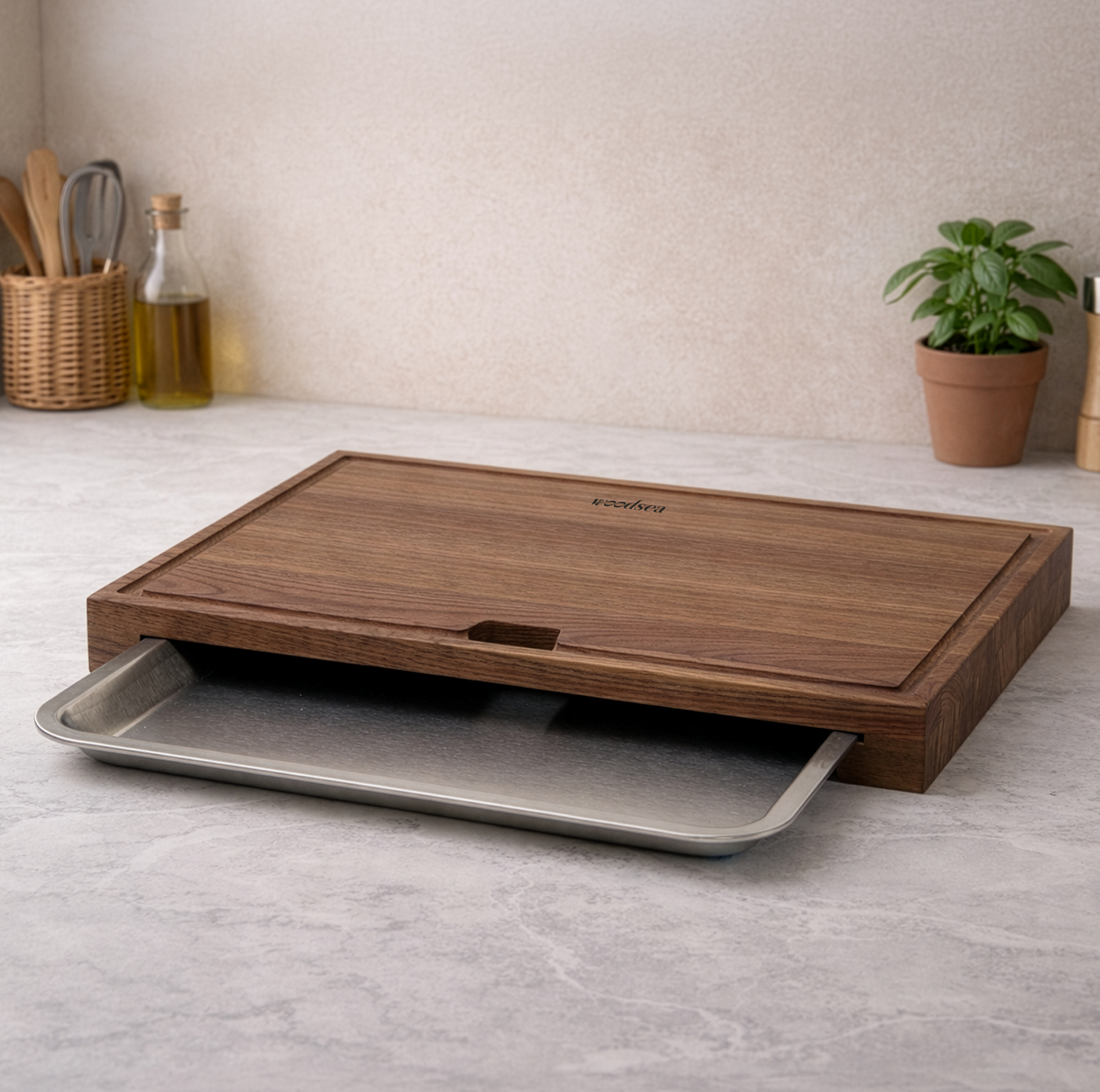 Serving board with stainless steel tray