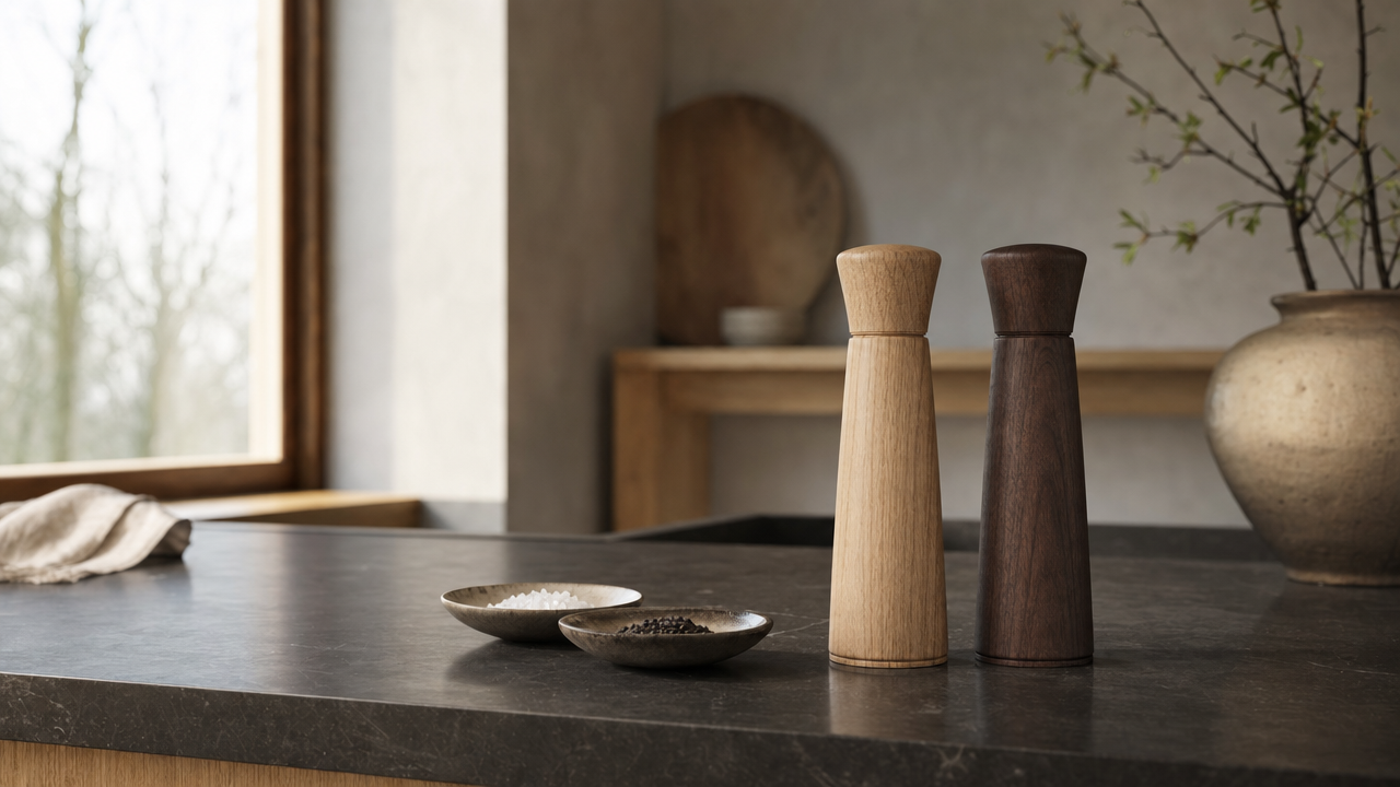 Oak and walnut salt and pepper grinders on a dark stone worktop