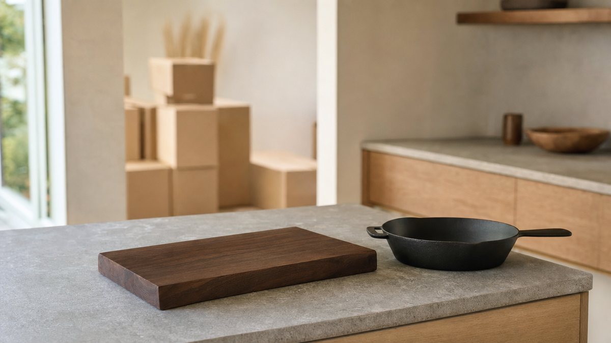 A bare worktop in a newly finished kitchen with a wooden board and a cast iron pan