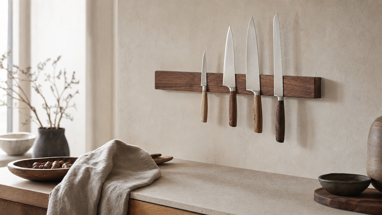 A wooden magnetic knife strip on a wall holding four kitchen knives