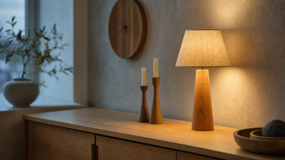 A wooden table lamp lit at dusk beside two wooden candlesticks