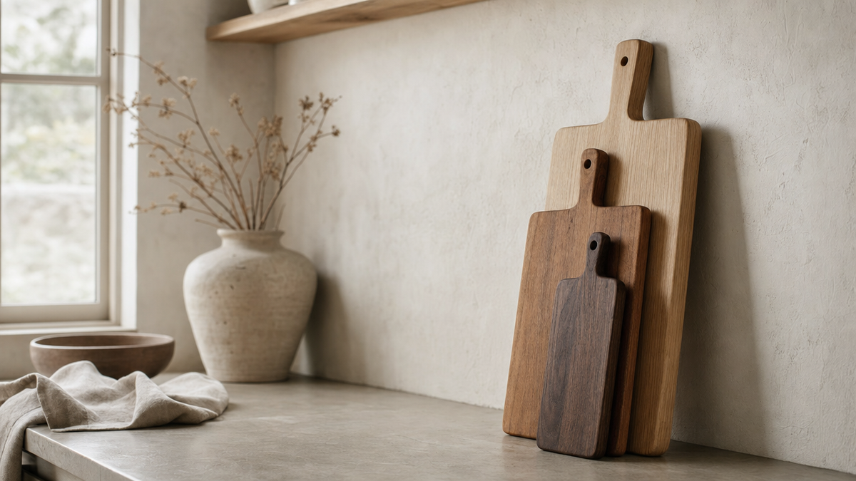 Three wooden kitchen boards in different woods leaning against a kitchen wall